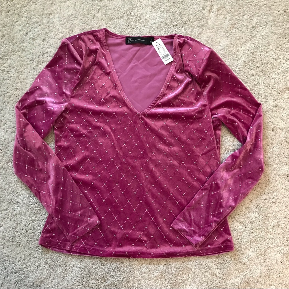 New York & Company Fushia Velour Top with Silver Embellishments. Size medium.